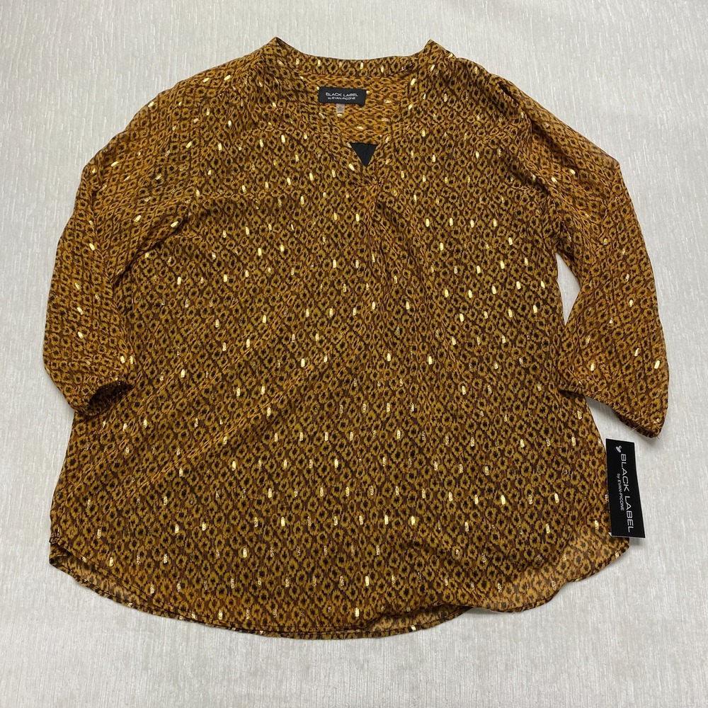 Black Label Evan-Picone Tunic Blouse Womens XL Marigold Yellow Leopard Print